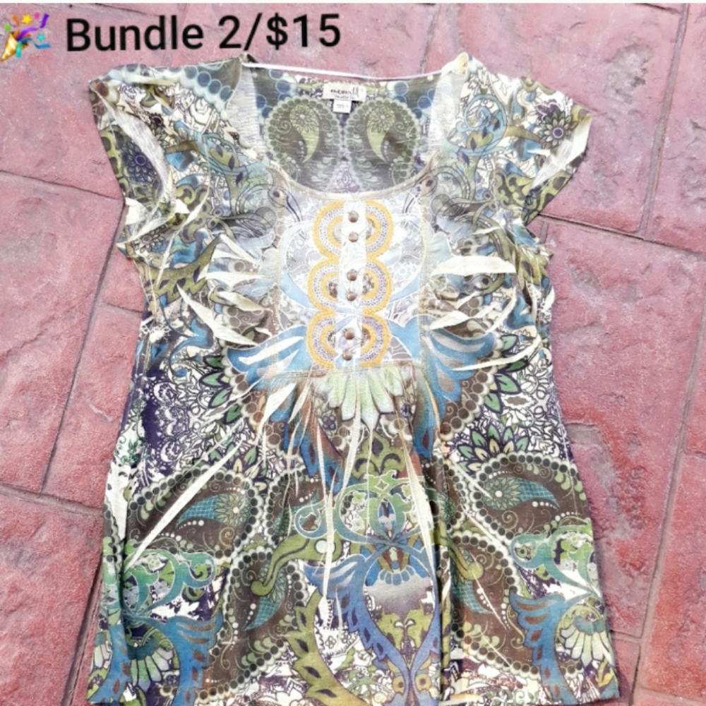 One World Paisley Babydoll Top - Size Small Flowy Green Boho Shirt
